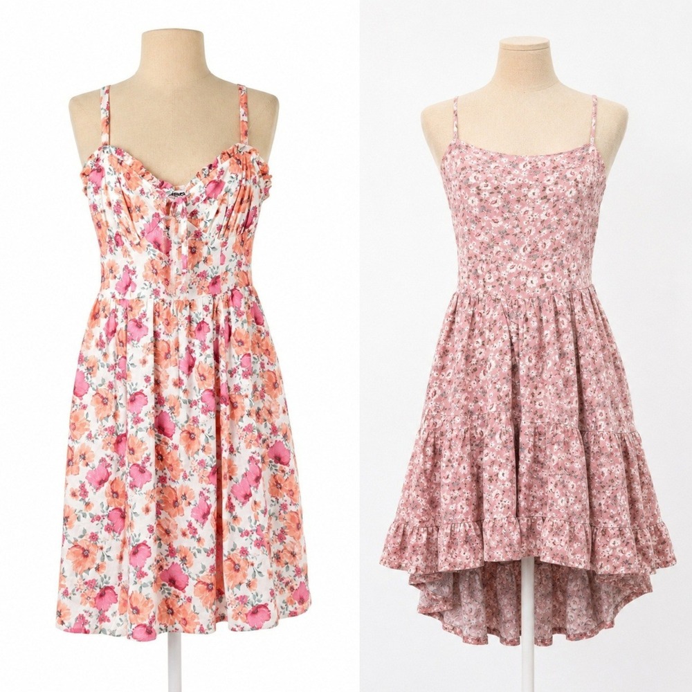 Lot of 2 Floral Fairy Tiered Ruffle Mini Dress Sz XS Pink Sleeveless Boho Beach